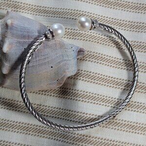 Sterling Silver Pearl and Rhinestone Flexible Bracelet